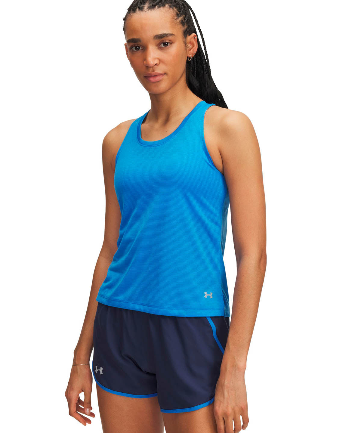 Polera sin mangas Running para mujer Launch azul Under Armour.