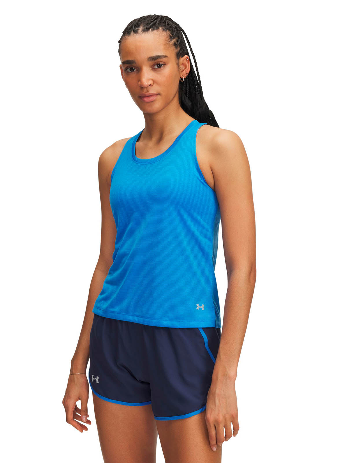 Polera sin mangas Running para mujer Launch azul Under Armour.