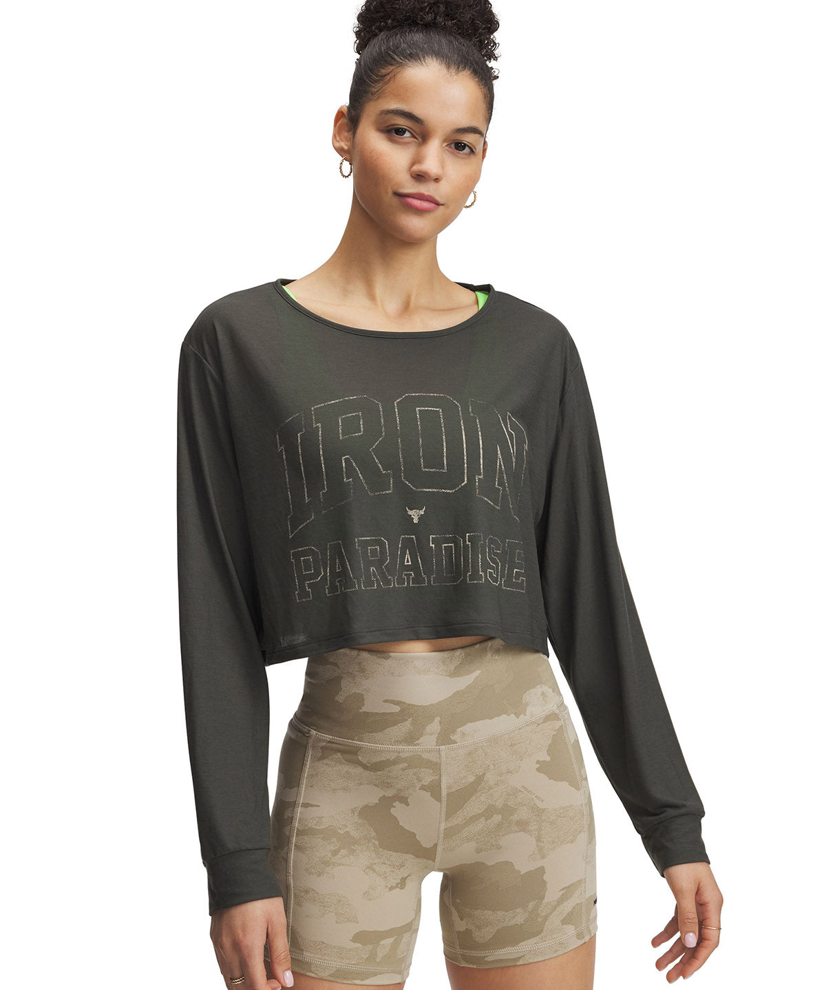 Polera manga larga Project Rock verde para mujer Under Armour