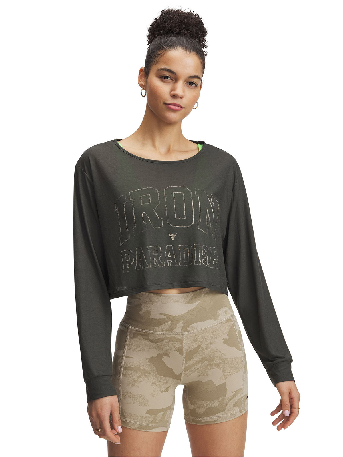 Polera manga larga Project Rock verde para mujer Under Armour