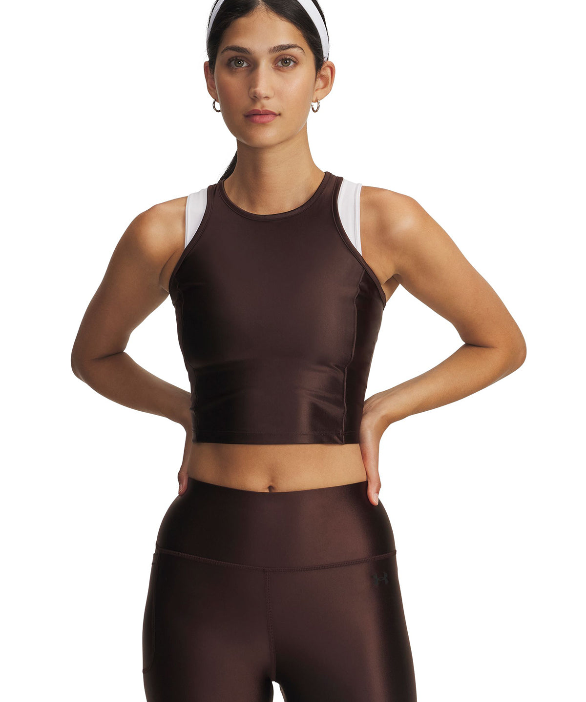 Polera sin mangas de Entrenamiento para mujer Motion Shine café Under Armour.